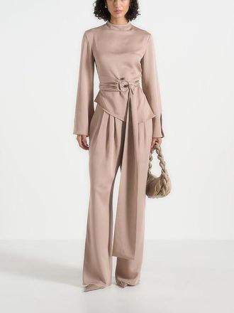 Mani&egrave;re De Voir Aurore High Neck Pleated Jumpsuit With Wrap Waist in Beige at Nordstrom, Size 12