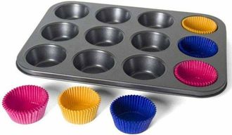 Trade Shop Trade Shop - Stampo Teglia Per 12 Muffin Cupcake In Acciaio Antiadere Con Pirottini Colorati