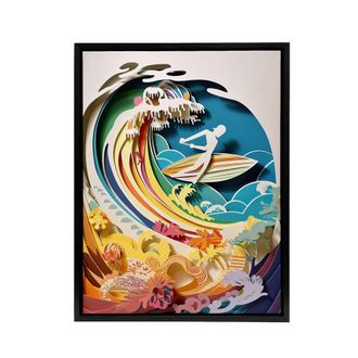 Artery8 Rainbow Kirigami Surfer in Coastal Landscape Framed Canvas Wall Art Print | Size: W24 x H32