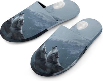 Generic Howling Wolf Print Mens Slippers Warm Non-Slip Houes Shose Spa Slipper for Home Bedroom