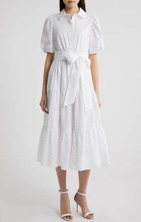 Anne Klein Eyelet Tie Waist Puff Sleeve Midi Dress in Crisp White at Nordstrom, Size 12