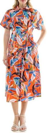 Nicole Miller Pintuck Waist Midi Shirtdress in Orange Print at Nordstrom Rack, Size 14