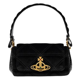 Vivienne Westwood Shoulder Bags, female, Black, Size: ONE SIZE Black Quilted Velvet Handbag with Crocodile Print