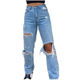 Generic Straight Legged Jeans Women, High Waisted Wide Leg Jeans Women Fashion Stretch Ripped Jeans Plus Size Loose Casual Jeans With Pockets Stylish Vintage 