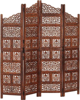 vidaXL Biombo 4 Paneles Tallado A Mano Madera Mango Marr&oacute;n 160x165 Cm Vidaxl