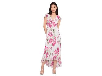 Calvin Klein Flutter Sleeve Chiffon Floral Aline Midi Womens Dress Rose : 14, Polyester