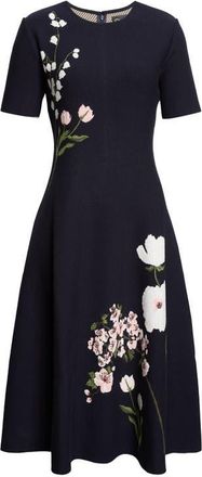 Oscar De La Renta Mixed Botanical Jacquard Sweater Dress in Navy at Nordstrom, Size Small