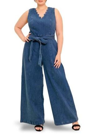 Flying Tomato Scallop Neck Denim Jumpsuit in Medium Indigo at Nordstrom Rack, Size 2 X