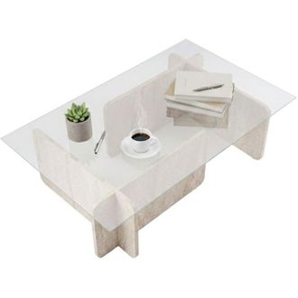 Dmora Tavolino da salotto Rhysand, Tavolo basso da caff&egrave;, Portariviste per divano, Ripiano da soggiorno, 105x65 h30 cm, Beige e Marmo - Dmora