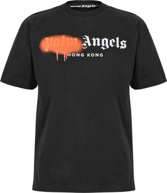 Palm Angels Unisex T-shirt voor volwassenen met Hong Kong-spuitverfprint (Zwart/Oranje)