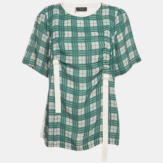 Joseph Green/white Checkered Cotton & Silk Buckle Detail Top