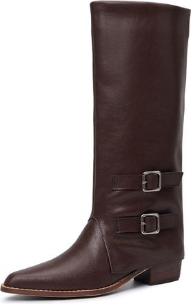 Generic Womens Pointed Toe Knee High Boots with Buckle Pull on Slouch Long Boot Chunky Block Heel Wide-Calf Boots,Brown Velvet Lining,5.5 UK