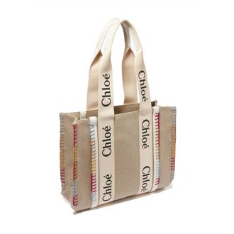 Chlo&eacute; Womens Linen With Logo-Printed Ribbon Tote Beige Cotton Canvas