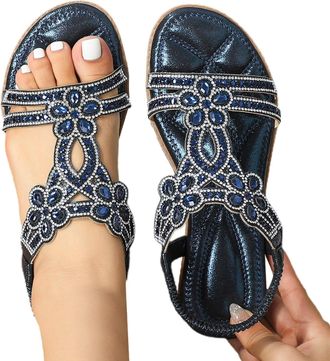 Generic Womens Flat Sandals Boho Summer Rhinestone Beach Flip Flops Sandals Fashion Holiday Beach Open Toe Footwear Summer Outdoor Sandals