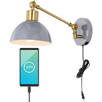 Jonathan Y Designs Lisa Swing Arm 1-Light Modern Midcentury Iron USB Charging Port LED Sconce in Gray at Nordstrom