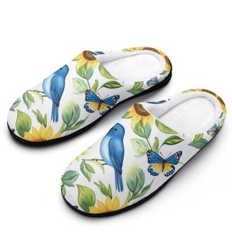 Generic Blue Jay Birds Sunflowers Butterfly Mens Slippers Slip On Comfortable Fleece Cotton House Shoes Winter