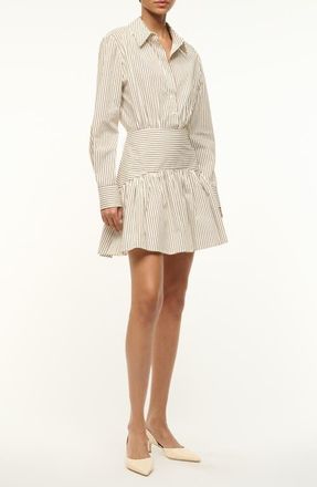 Staud Rocco Stripe Long Sleeve Stretch Cotton Mini Shirtdress in Ivory/Dark Oak Micro Stripe at Nordstrom, Size 12