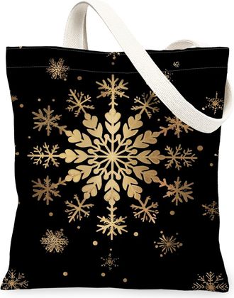 Generic Elegant Black Snowflake Canvas Tote Bags, Vintage Winter Floral Design Reusable Grocery Bags, Lightweight Washable Shoulder, Black, 13x15 Inch
