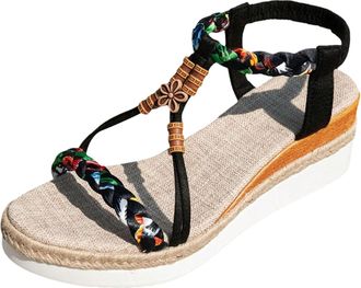 Generic Womens Wedge Sandals Thick Soled Womens Bohemian Shoes Fashion Casual Braided Strap Hollow Fish Mouth Sandals Elastic Ankle Strap Summer Comfortable S