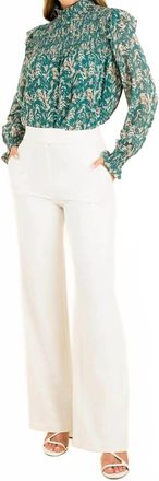 THML Clothing Smocked Print Blouse In Teal Green