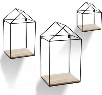 Trade Shop Trade Shop - 3pz Mensole Parete Casa Bacheca Mensola Legno Sospesa Metallo Nero H20/32/40cm 751653
