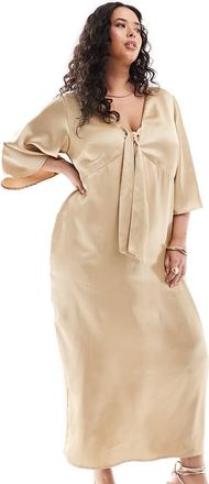 Pretty Lavish Curve tie front satin midaxi dress in irish cream-White