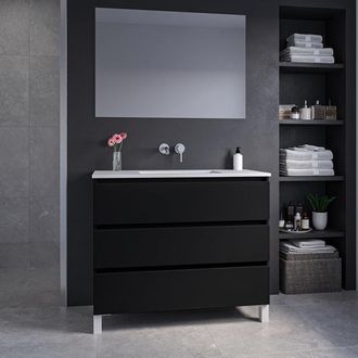 Saniclass Chaci PLUS Badkamermeubelset - 100x86x46cm - keramische wastafel wit - 1 wasbak - zonder kraangaten - 3 lades - rechthoekige spiegel - mat zwart