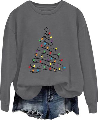 Generic Christmas Sweatshirts for Women, Tree Graphic Print Xmas Sweatshirt Soft Crewneck Long Sleeve Funny Christmas Tops for Women Dark Gray