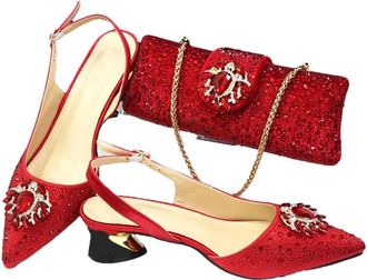 Generic Womens Shoes and Bag Set Sparkly Crystal Decoration Low Mid Heel Dress Pumps Matching Gold Chain Handbag