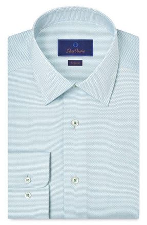 David Donahue Regular Fit Microcheck Cotton Dobby Dress Shirt in Seafoam at Nordstrom, Size 15.5 - 32