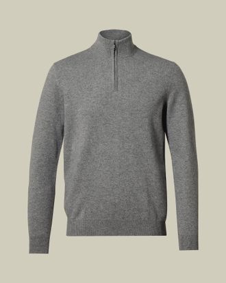 CHARLES TYRWHITT Cashmere Zip Neck Jumper - Grey Size XL by Charles Tyrwhitt