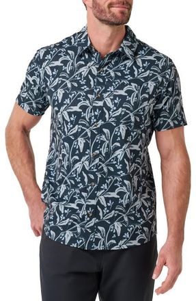 Travis Mathew Techwoven Coast Floral Short Sleeve Performance Button-Up Shirt in Total Eclipse at Nordstrom, Size Xx-Large