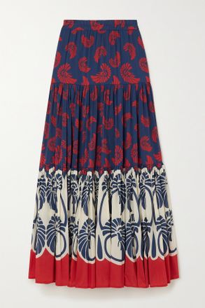 La DoubleJ Gonna Maxi A Balze In Misto Cotone E Seta Stampato - Blu