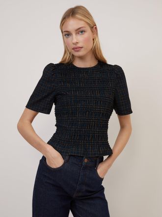 Nobody's Child Navy Blue Check Shirred Cord Top