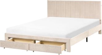 Beliani Bed with Storage Drawers Velvet LONZAC 160 x 200 cm (EU King Size) Beige