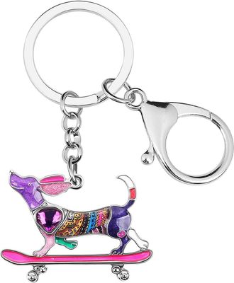 Generic BONSNY Enamel Metal Happy Skateboard Rhinestone Dachshund Dog Kechains For Women Kids Car Purse bag Rings Charms Pets Gift (Purple)