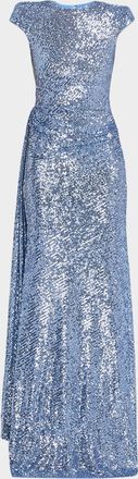Naeem Khan Draped Sequin Cap-Sleeve Gown