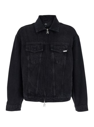 Represent Black Jacket With Classic Collar And Logo Patch On The Pocket In Denim Man