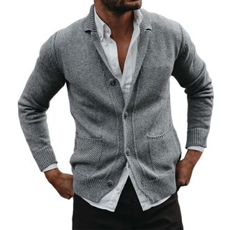 Generic Mens Sweaters Knitted Elbow Patch Shawl Collar Cardigan Sweater Long Sleeve Button Down Knitwear with Pockets Clothes(Z02-Grey, XXL)