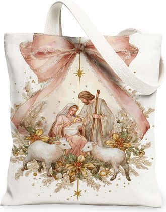 Generic Christmas Nativity Canvas Tote Bags, Sheep Floral Pattern Reusable Grocery Bags, Lightweight Washable Shoulder Strap for Ho, White, 13x15 Inch