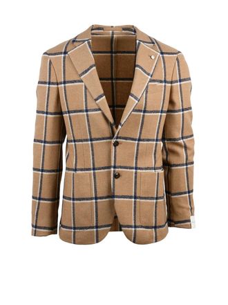 L.B.M. 1911 Beige and Blue Checked Fitted Jacket with Classic Lapel