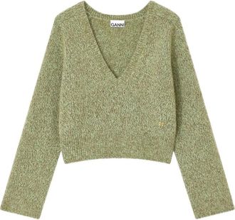 Ganni Geborstelde Mohair Mix Diepe V-hals Trui - Dames - V-hals truien - Groen - M - Wol - Truien & Vesten
