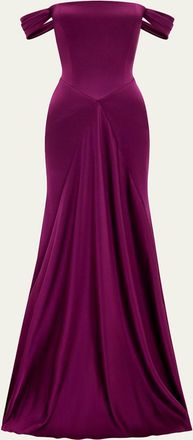 Alex Perry Off-The-Shoulder Paneled Satin Crepe Gown