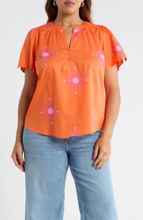 Sugarlips Karani Starburst Xoey Split Neck Top in Orange Fuchsia at Nordstrom, Size 1X