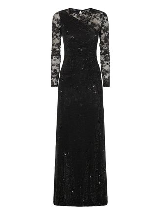 Self Portrait Black Rhinestone Lace Sleeves Maxi Dress