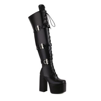 Generic Womens Chunky High Heel Platform Gothic Punk Boots Lace Up Thigh High Boots with Side Zipper PU Leather Over The Knee Boot with Bat Wing Buckles,Black