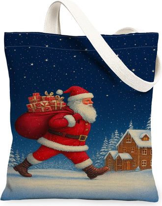 Generic Festive Canvas Tote Bags, Christmas Santa Design Reusable Shopping Bags, Cozy Holiday Lightweight Washable Carry All for Gifts Travel Shopping 13x15 I
