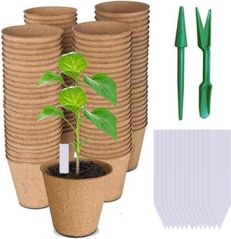 OEM Macetas Biodegradables, Paquete De 100 Macetas De Fibra Biodegradable De 8 Cm Para Pl&aacute;ntulas Con 100 Etiquetas Para Plantas, Macetas Biodegradables Pa