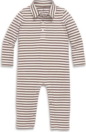 primary Baby Long Sleeve Polo Romper In Mini Stripe in Ivory Acorn Stripe at Nordstrom, Size 18-24M