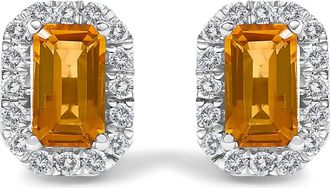 House of Brilliance 10K Gold 5x3mm Emerald-Cut Gemstone and 1/7 Cttw Diamond Halo Octagonal Stud Earrings in Orange Citrine | White at Nordstrom